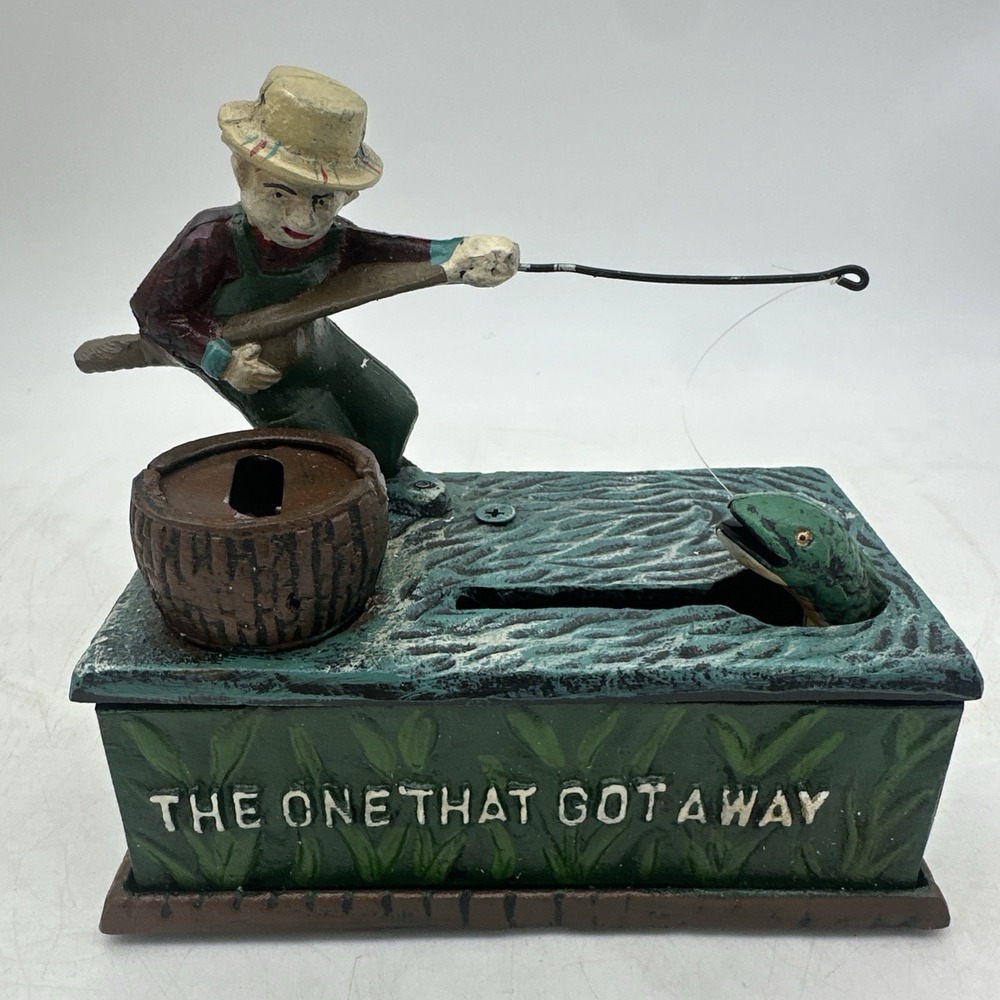 Classic Cast Iron Mechanical Bank "THE ONE THAT GOT AWAY" Fisherman NOS